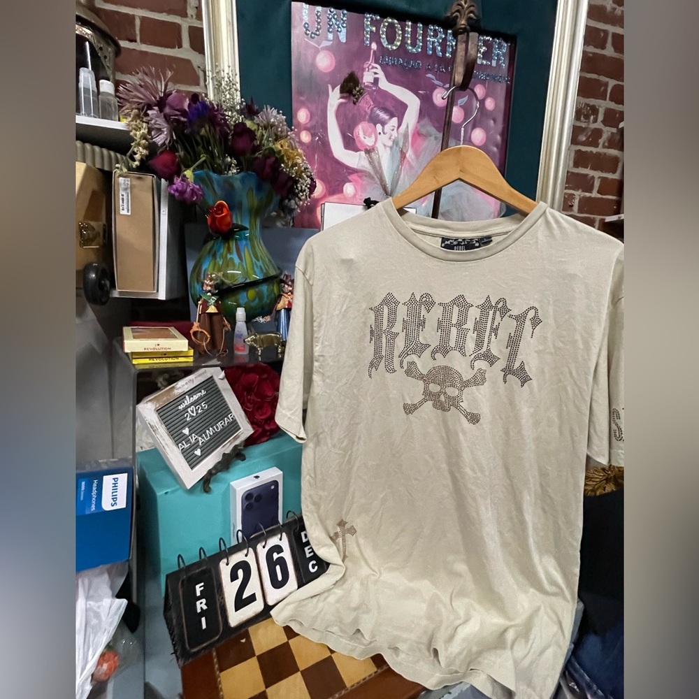Y2K Grunge Rebel Vengeance Rhinestone Skull Cross Shirt